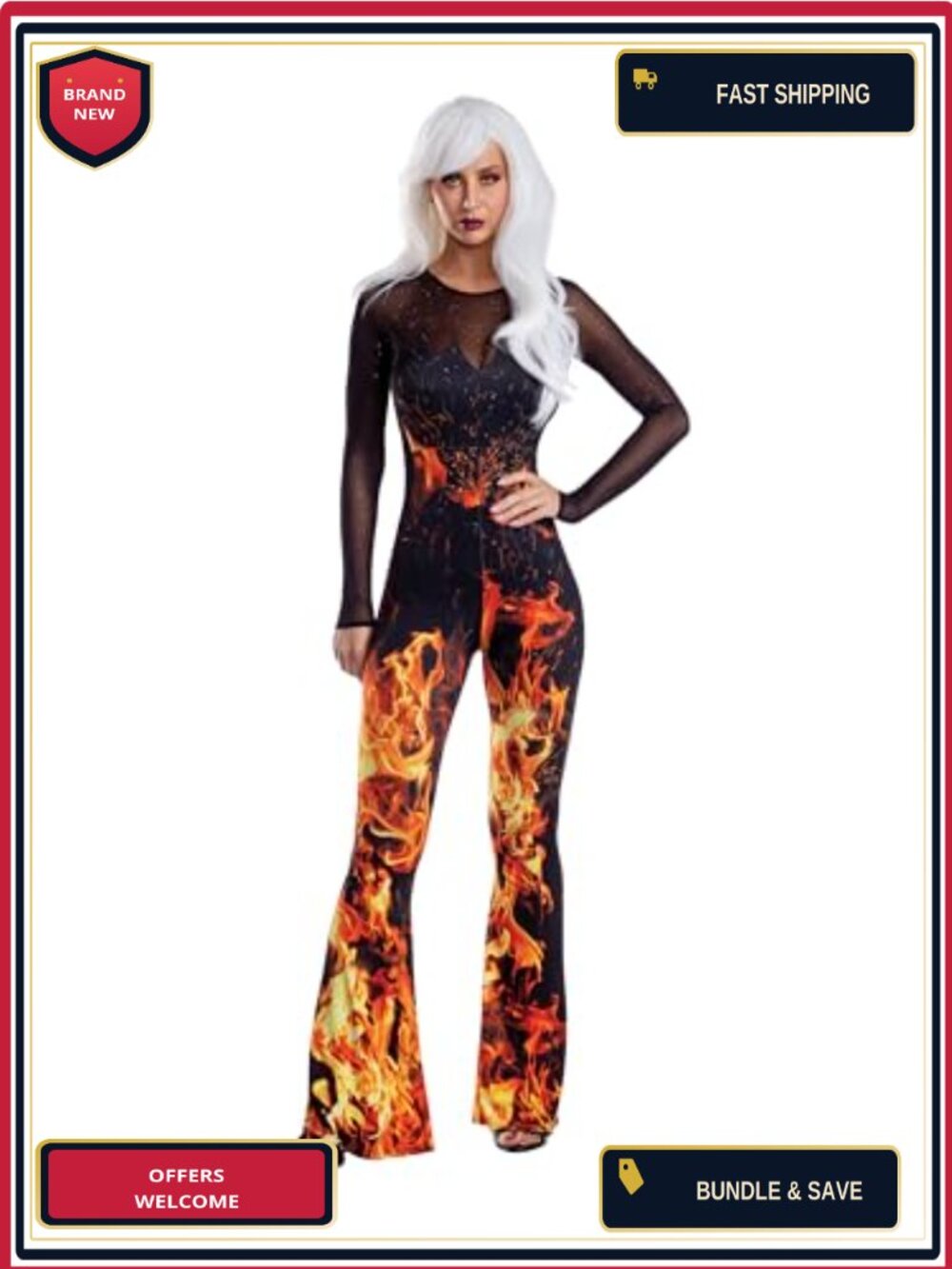 Dreamgirl Flame Jumpsuit Long Sleeve Slim Fit Pull On Halloween Costume